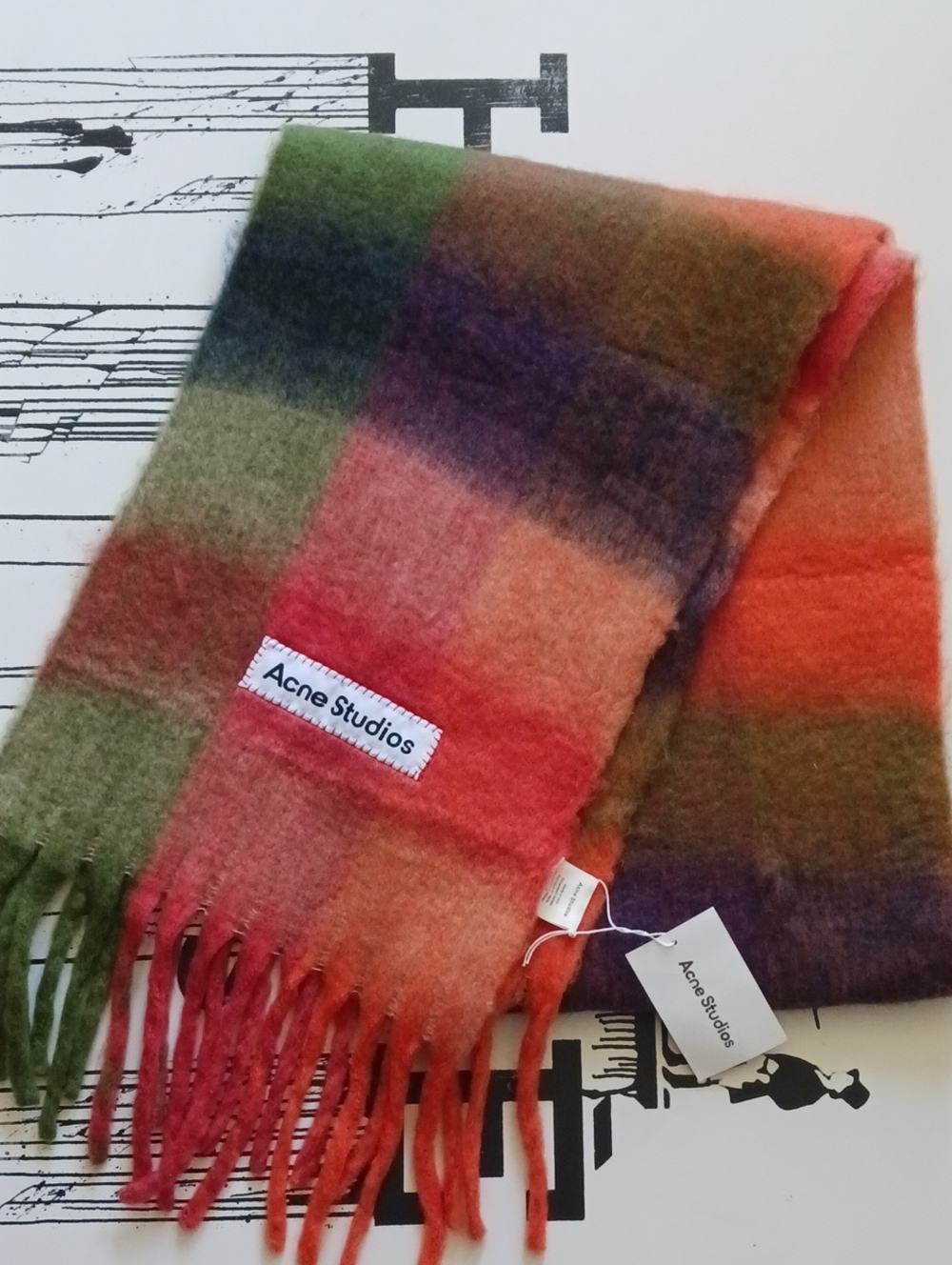 NWT Acne Studios Multicolor Plaid Wool Scarf in Orange, Green & Orange 87' X 15